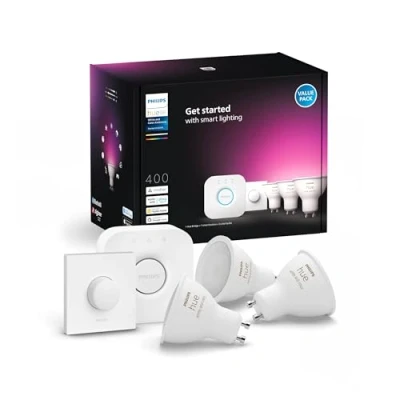 Immagine di Philips Hue White and Color Ambiance Starter Kit, 3 Faretti Smart, con Bluetooth, Dimmerabili, Attacco GU10, 1 Bridge Controllo Completo del Sistema e Telecomando Smart Button, Bianco