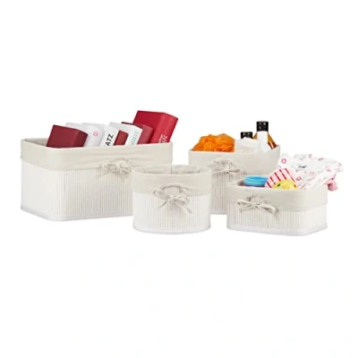 Immagine di Relaxdays Set da 4 Cestini Portaoggetti, Contenitori Salvaspazio in bambù per Armadio e Scaffali, Box Multiuso, Bianco, Poliestere MDF