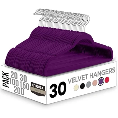 Immagine di Utopia Home, Confezione da 30 grucce in velluto, antiscivolo, con ganci girevoli a 360 gradi, resistenti, appendiabiti per pantaloni e cappotti, colore viola