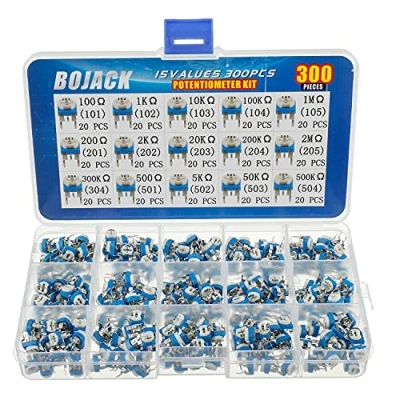 Immagine di BOJACK 15 Valori 300 pezzi 100 Ohm 2M Resistore variabile 6mm Potenziometri e Trimmer Assortment Kit packag in una scatola di plastica trasparente