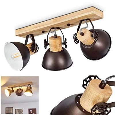Immagine di hofstein lampada da soffitto Orny, in metallo/legno antracite/bianco/marrone, 3 luci, con faretti regolabili, x attacco E27, spot design retrò/vintage, senza lampadina/e