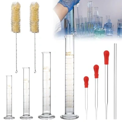 Immagine di Set di 10 cilindri graduati in vetro spesso, con 4 misurazione da 5 ml/10 ml/50 ml/100 ml, 3 pipette vetro, 1 asta 2 spazzole per provetta laboratorio, alimenti, ricerca