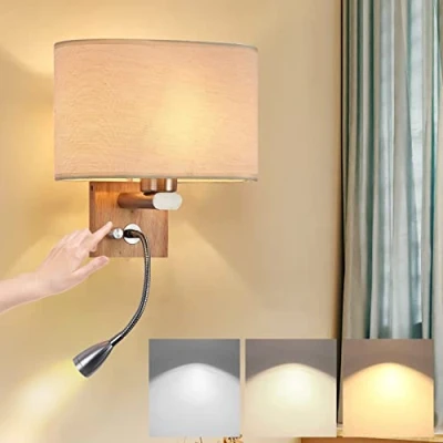 Immagine di Applique da Parete Interno con Interruttore Lampada in Legno Luce di Lettura Regolabile E27 Vintage Dimmerabile Comodino per Camera Letto Soggiorno Scale a Muro