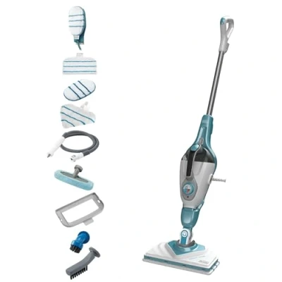 Immagine di BLACK+DECKER, Scopa A Vapore Lavapavimenti Steam Mop 11 Accessori, Testa Pivotante Per Tutte Le Superfici, Tecnologia Autoselect Regolazione Vapore, 1600 W, Bianco E Azzurro, 380 ml. BHSM166DSM QS