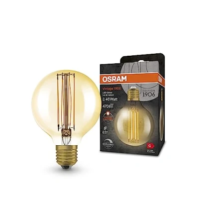 Immagine di OSRAM Lampada a LED Vintage 1906 tinta dorata, 5.8 W, 470lm, forma di sfera presa da 80 mm diametro e E27, bianca calda, filamento dritto, dimmerabile, fino 15.000 ore vita