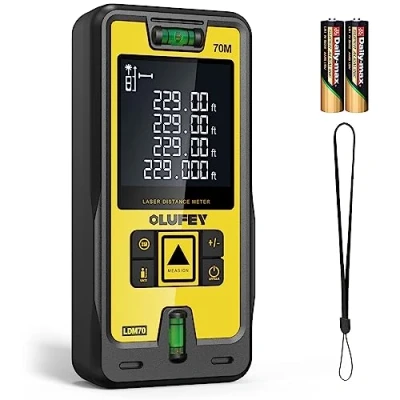 Immagine di Metro Laser 70M,OLUFEY Misuratore di Distanza Portatile Digital Range Finder con Livelli Bolla e Grande LCD Retroilluminato IP54 (Batteria Inclusa)