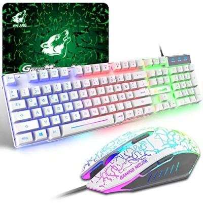 Immagine di Tastiera e Mouse da Gioco, Layout Tedesco QWERTZ Gaming Retroilluminato a LED Colore Arcobaleno, 6 Tasti 2400 DPI Tappetino per Mouse, USB Cablato PS4 XBox, Bianca