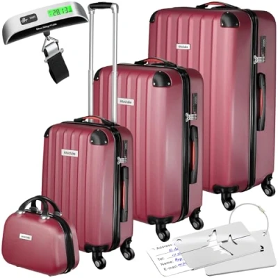 Immagine di TecTake® Set di valigie rigide Cleo, 4 pezzi, Trolley M, L e XL, Beauty Case Impilabile, Rotelle Girevoli a 360, Maniglia Telescopica Regolabile, Bilancia, Combinazione 3 Cifre Rosso Vino