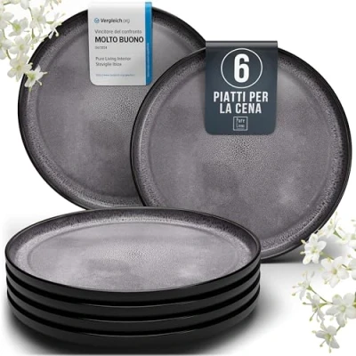 Immagine di Set di 6 Piatti Grandi in Gres, Modello Ibiza Raffinati Resistenti a Lavastoviglie e Microonde Servizio da Tavola per Persone, Cena Pure Living grigio scuro