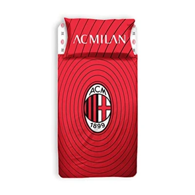 Immagine di A.C. Milan, Lenzuola Letto 1 Piazza e Mezza, Completo Lenzuolo Rosso Nero, Sopra, Con Angoli, Federa, 100% Puro Cotone, Prodotto Ufficiale