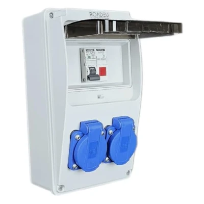 Immagine di RoadEu Distributore di corrente da 230 V, 2 prese Schuko Rilevatore luminoso LED rosso, con 1 interruttore C16 A. IP54