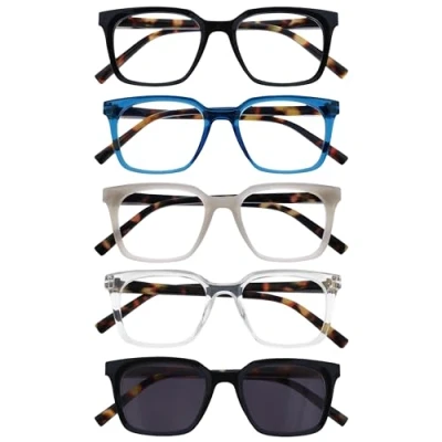 Immagine di OPULIZE KOI Set di 5 Occhiali da Lettura con Lente Sole Rettangolare Nero Blu Grigio Trasparente Unisex Cerniere a Molla RRRR50 57CQ +1.50