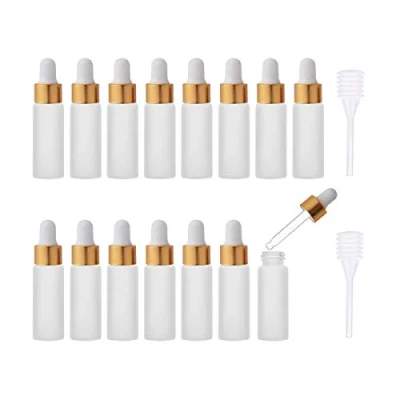 Immagine di Enslz 15 mini bottiglie vuote per olio essenziale smerigliato in vetro, riutilizzabili flaconcini con contagocce nasale tappo a vite metallo e lampadina gomma (5 ml, oro)