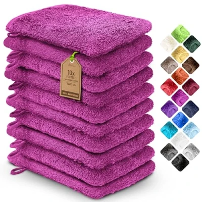 Immagine di NatureMark Confezione da 10 guanti bagno in spugna, salviette 100% cotone, 15 x 21 cm, di colore rosa