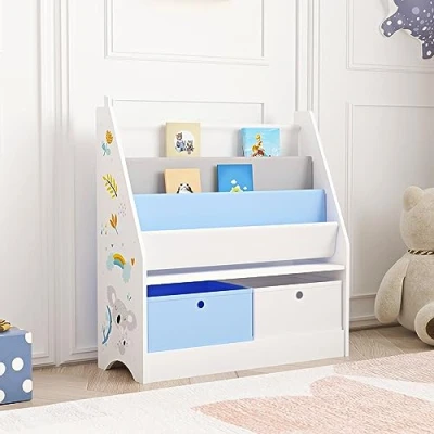 Immagine di [en.casa] Scaffale per Cameretta con Contenitori a Scaletta Libri e Scatole Pieghevoli Porta Giochi Mobile Misura di Bimbi in Design Koala Blu/Bianco