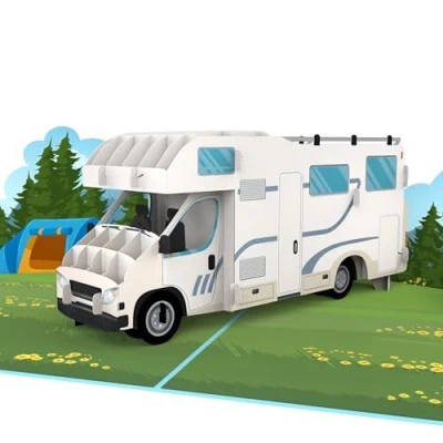 Immagine di MOKIO® Biglietto Auguri Pop Up campeggio con camper regalo 3D per un compleanno o come buono viaggio vacanze autocaravan, vacanza in
