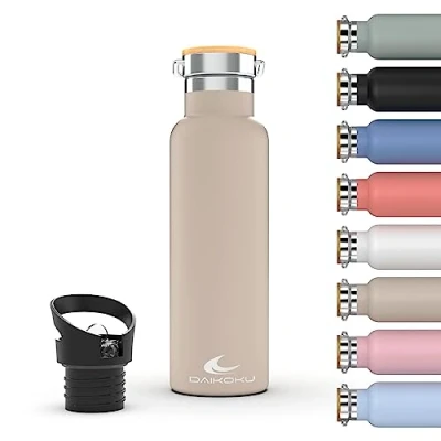 Immagine di Daikoku Bottiglia, Termos in Acciaio Inossidabile a Doppia Parete, Mantiene Bevande Calde o Fredde per Ore, Due Tappi, Beige, 750 ML