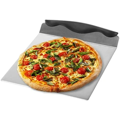 Immagine di COM FOUR® spingipizza in acciaio inox ripiano per dolci con manico plastica paletta pizza e torta pala 20,5 x cm (nero/color argento angolare)