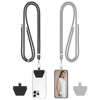 Immagine di COCASES 2 Pezzi Cordino per Telefono,Regolabile Tracolla Universale Catena Cellulare Compatibile con iPhone/Samsung/Huawei (Nero+Grigio)