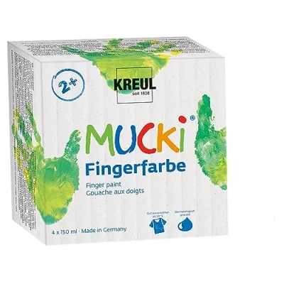 Immagine di KREUL 2314 Mucki Set di 4 Colori a dita da 150 ml Vernice vegana senza parabeni, glutine e lattosio Lavabile applicabile con dito, pennello spugna brillanti