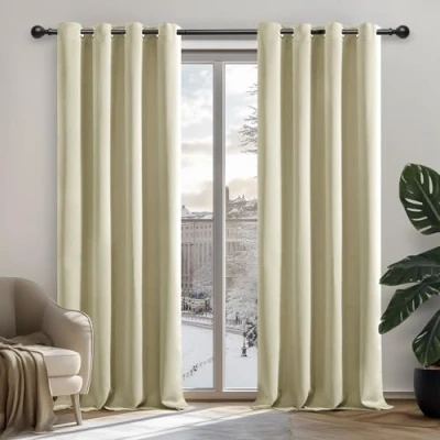 Immagine di Deconovo tende oscuranti termiche, anti freddo, dal design moderno con occhielli, per salone e camera da letto, 132 x 214 cm (larghezza altezza), set 2 pezzi, colore beige scuro