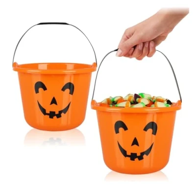 Immagine di com four® 2X Secchi di Zucca Halloween plastica con Design a per la Raccolta Dolci Borsa Manico
