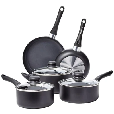 Immagine di Amazon Basics Batteria da cucina, 8 pezzi con rivestimento antiaderente, Nero