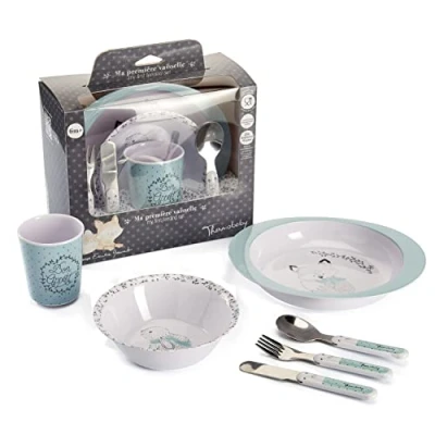 Immagine di THERMOBABY Set di posate in melamina per bambini, verde celadon grigio