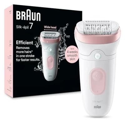 Immagine di Braun Silk épil 7 Depilatore Donna, Epilatore Elettrico Donna Con Testina Ampia Per Una Epilazione Semplice, Wet &amp; Dry, Pelle Liscia a Lungo, 000, Bianco/Rosa