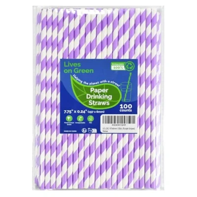Immagine di Lives on Green Cannucce di carta usa e getta a righe viola 100 pezzi 19,7 x 0,6 cm, non confezionate, per cocktail, caffè, acqua