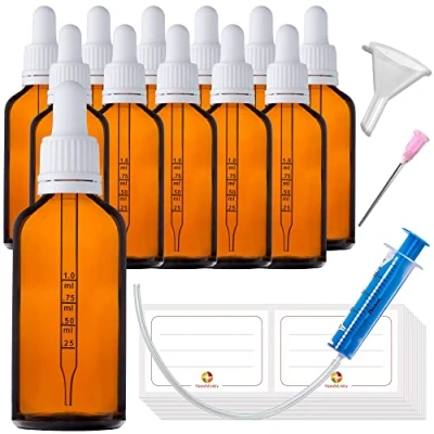 Immagine di HandsUnity 50ml 12pz Bottiglia Pipetta Piccola di Vetro set Vasetti da Farmacia in Ambrato con Tappo Bianco per include 29pcs Accessori Bottiglie Marrone