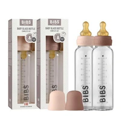 Immagine di Biberon in vetro BIBS. Anti coliche. Set di 2. Tettarella rotonda lattice gomma naturale. Favorisce l&#039;allattamento naturale al seno, Complete 225 ml (Pack of 2), Blush/Woodchuck