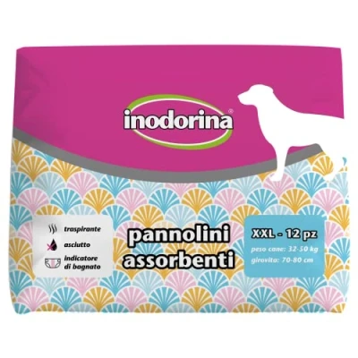 Immagine di Inodorina, Pannolini Assorbenti Usa e Getta, Tecnologia Traspirante Indicatore di Bagnato, con Buco per la Coda Alette Lunghe, Cani Peso da 32 50 kg, Taglia XXL, 12 pezzi
