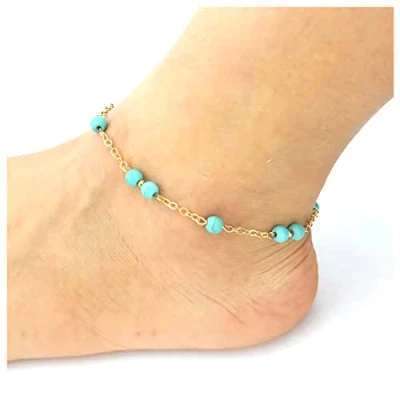 Immagine di Bracciale Cavigliera con perline turchesi bohémien estiva da spiaggia Gioielli per donne e ragazze (Oro)