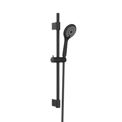 Immagine di WENKO Set doccia Watersaving, asta per in acciaio inox, soffione a risparmio idrico, 3 getti, tubo flessibile, adatto riscaldatore di flusso, collegamento universale ½“, 70 cm, nero