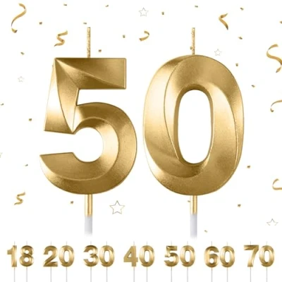 Immagine di candele di compleanno numeri, per torte, 3D, a forma diamante, numero 18,20,30,40,50,60,70 decorazione torte (oro 50)