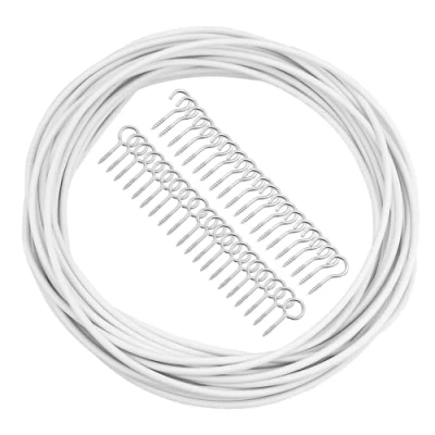 Immagine di LWMLWM Filo per tende da 10 m, bianco rivestito in plastica, con 20 ganci e occhielli, set aste tende, doccia