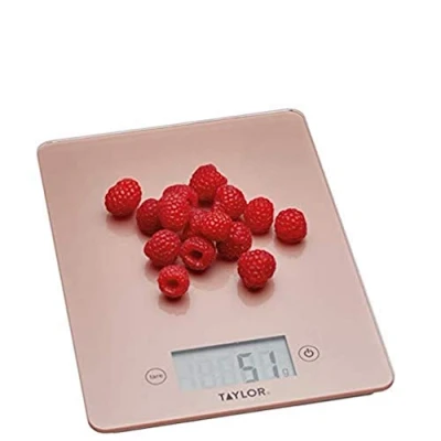 Immagine di Taylor Pro Bilancia da Cucina Digitale con Design Ultra sottile, Compatta, Standard Professionale, Funzione Tara ad Alta Precisione, Rosa Dorato e Vetro, Portata Massima 5 kg