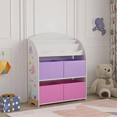 Immagine di [en.casa] Scaffale per Cameretta con Contenitori a Scaletta Libreria 4 Scatole Pieghevoli Porta Giochi Mobile Misura di Bimbi 97,5 x 82,5 29,5 cm Motivo Oceano Viola/Rosa
