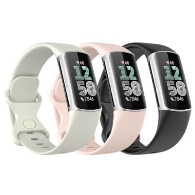 Immagine di Astorgos 3 Pezzi Cinturino Compatibile con Fitbit Charge 6/Fitbit 5 per Donna Uomo, Cinturini di Ricambio in Morbido TPE, Nero/Bianco Luna/Rosa Sabbia