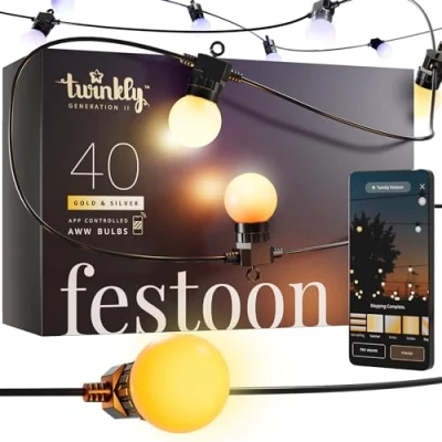 Immagine di Twinkly Festoon 40 LED Blancs, Guirlande avec Ampoules, Lumières Extérieures et Intérieures de Blanc Chaud à Froid, Compatible Alexa, Google Home, IP44, Contrôlée par App, Câble Noir, 20m