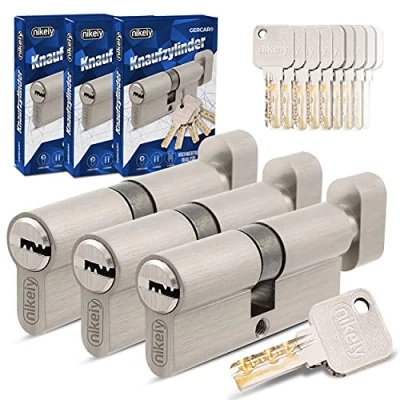 Immagine di GERCAR Pro Set di 3 cilindri a pomello, 45/45, chiusura con 15 chiavi, serratura cilindro da 90 mm, lunghezza: A:45, larghezza: 45, in ottone massiccio opaco