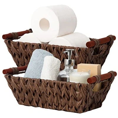 Immagine di GRANNY SAYS Cestini Bagno Portaoggetti, Confezione da 2 Vimini, Cestino Vimini Piccolo, Portaoggetti con Manici in Legno, Cesti Scaffale, Ceste Marrone