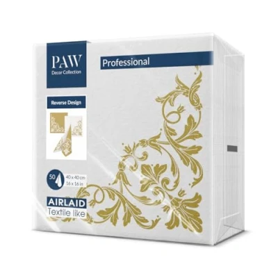 Immagine di PAW Tovaglioli di Carta Colorati Airlaid (40 x 40 cm) I 50 Pezzi Ideale per Matrimonio, Battesimo, Comunione, Compleanno Stoffa Motivo Inverso Bianco oro