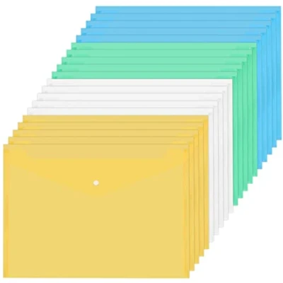 Immagine di 20 Pezzi Cartelline Portadocumenti A4, Impermeabili Cartelle Plastica A4 con Bottone a Pressione, Trasparente Buste Documenti per Scuola Ufficio (Trasparente+Blu+Verde+Giallo)