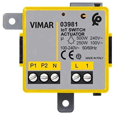 Immagine di Vimar 03981 Modulo relè connesso IoT con uscita NO, per lampade ad incandescenza, LED, fluorescenti, trasformatori, controllo da remoto, doppia tecnologia Bluetooth e Zigbee, Grigio