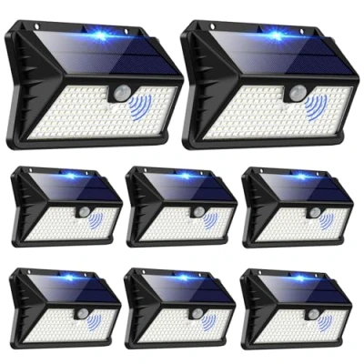 Immagine di OUILA LED Esterno con Pannello Solare, Luce Solare Sensore di Movimento, 185 LED/3 Modos Lampada IP65 Impermeabile Lampione per Giardino (Bianco Freddo 8 Pezzi)