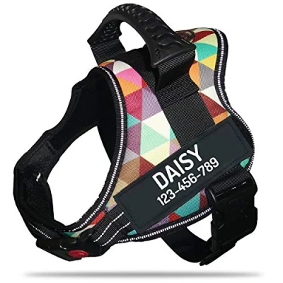 Immagine di PawPawify, Pettorina antitiro per cani robusta, evitare strattoni, tirate o soffocamento, addestramento e passeggiate, personalizzabile con nome telefono, S, petto 51 63,5 cm, multicolore