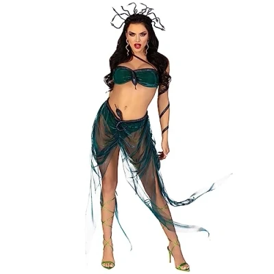 Immagine di Leg Avenue 4 PC Medusa, includes iridescent asymmetrical bra top with stuffed snake accent, skirt built in panty and waist, arm wrap, wired glitter headband