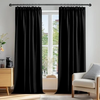 Immagine di Deconovo Tende super morbide termiche isolate con tasca per asta, plissettate, camera da letto dei ragazzi, 117 x 228 cm, colore nero, due pannelli